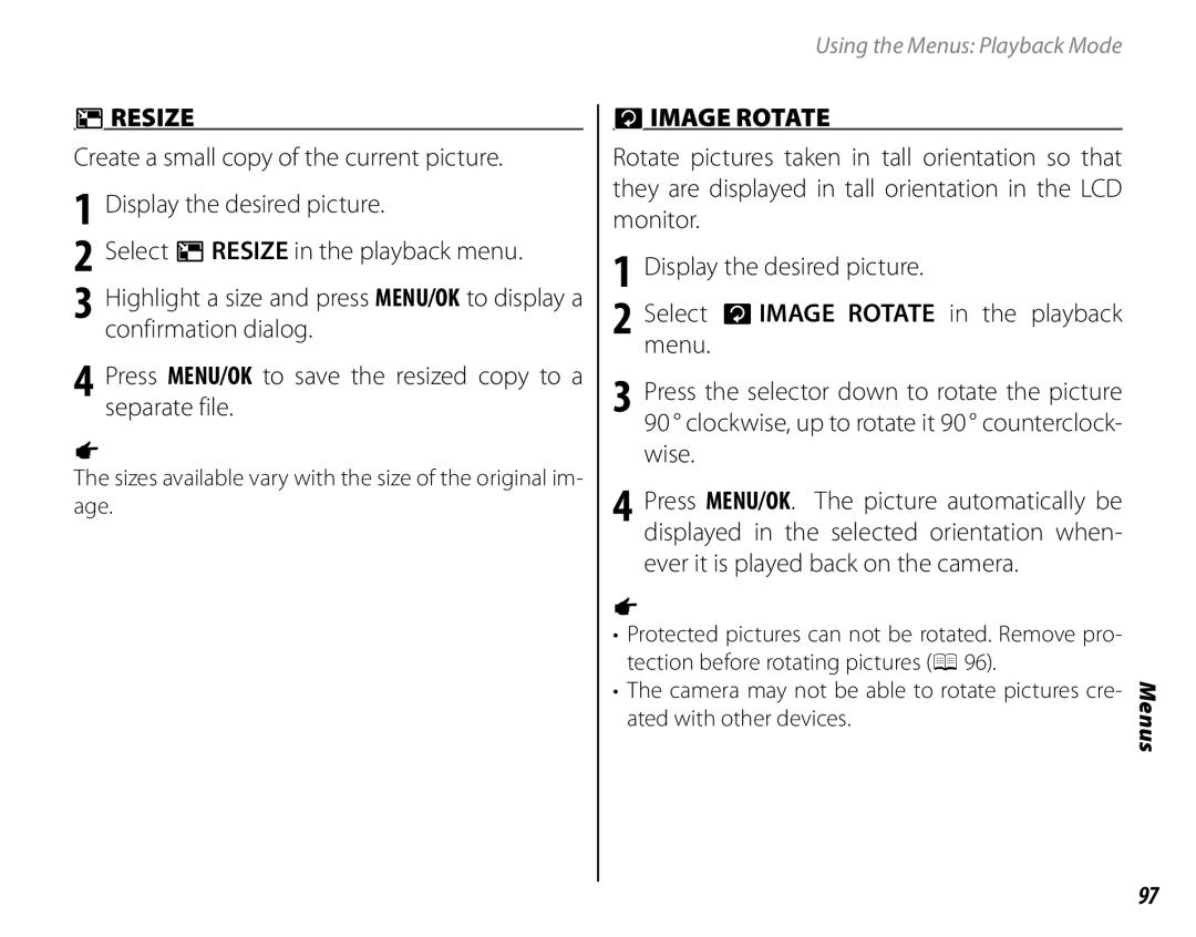 FujiFilm 16286187-4-KIT owner manual  Resize,  IMAGE Rotate, Rotate pictures taken in tall orientation so that, Wise 